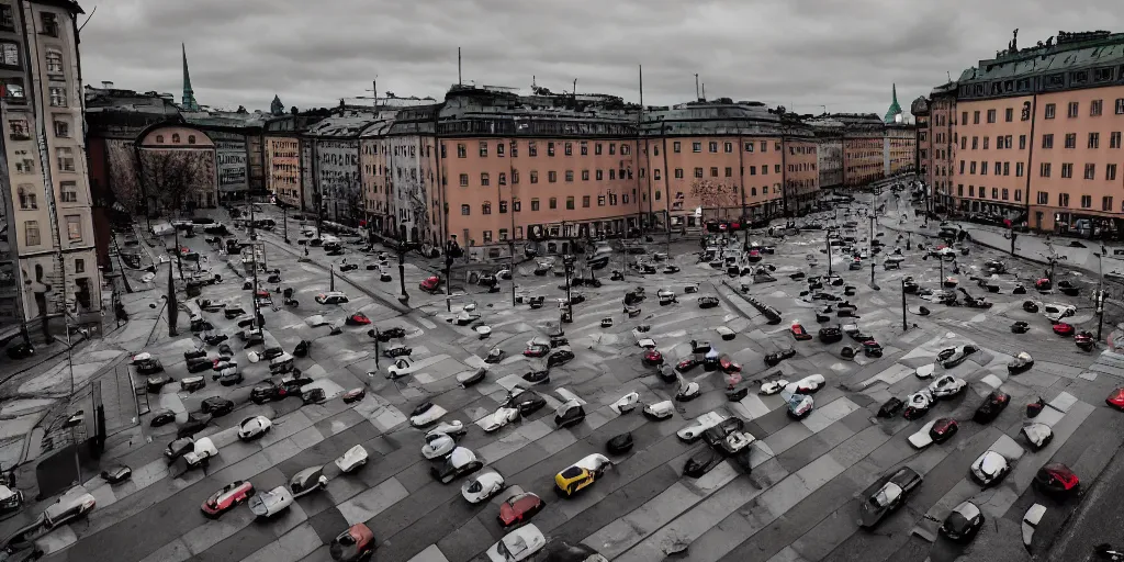 Prompt: Beautiful photo of Hordes of Zombies in Stockholm, Sweden, Intersection, Storefront, alleyway, city street lights, abandoned cars, smoke, convenience store, dusk sky, city street, zombies exiting store, zombies getting groceries, hilly road, Swedish writing, looking down street, smoke, wet road, wet street, very high quality photography, dusk.