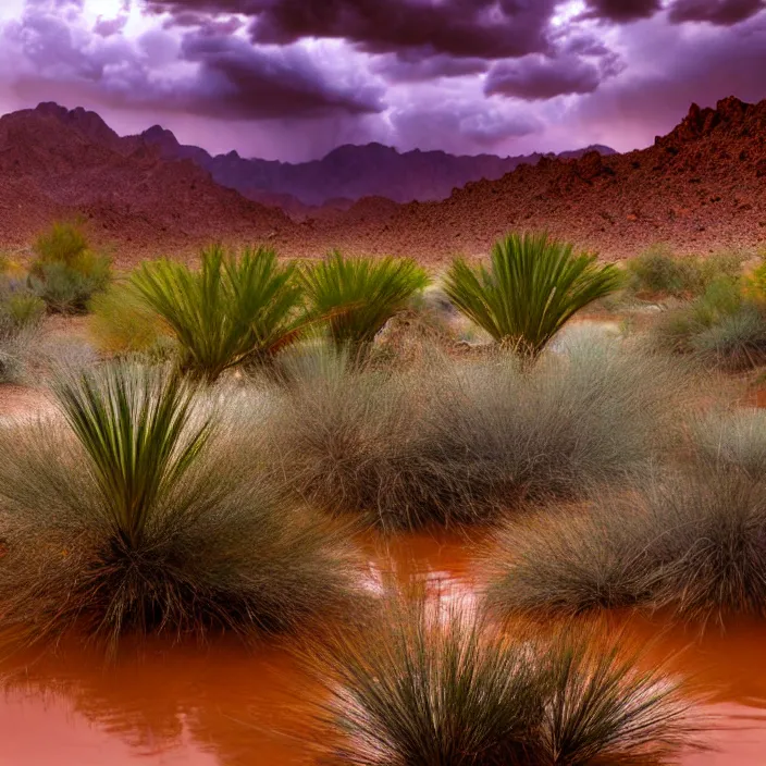 Prompt: hyper realistic, high detail photo of desert oasis monsoon, beautiful, bright lighting