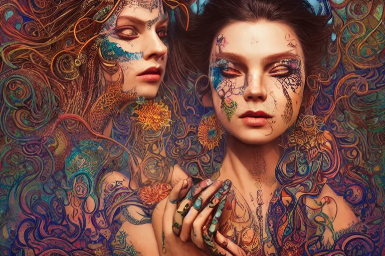 Image similar to a centered full body render of alluring festival hippies with tribal tattoos surrounded by a underwater ink pour and flowing liquid galium and sacred geometry, perfect face, powerful, cinematic, beautifully lit, by artgerm, by karol bak, by donato giancola, 3 d, trending on artstation, octane render, 8 k