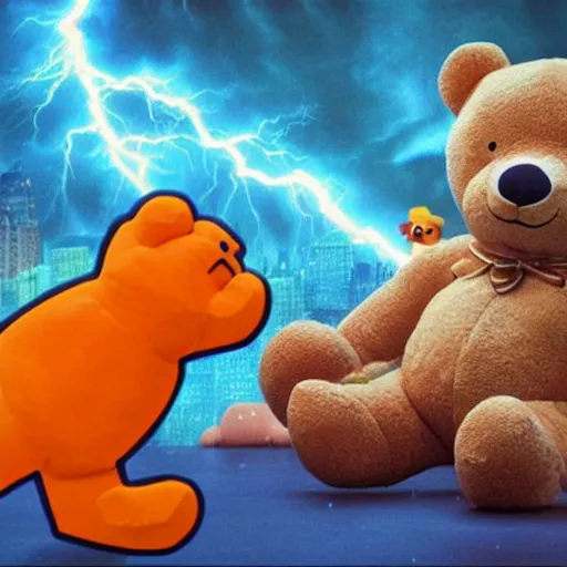 Prompt: a giant teddy ruxpin destroying a city, at night, hyperrealistic, rain and lightning