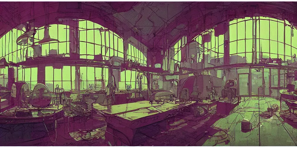 Prompt: messy grimy 90s science lab interior with organic circular windows, figures, soft neon lights, bright colors, cinematic, cyberpunk, smooth, chrome, lofi, nebula, calming, dramatic, fantasy, by Moebius, by zdzisław beksiński, fantasy LUT, studio ghibli, high contrast, epic composition, sci-fi, dreamlike, surreal, angelic, 8k, unreal engine, hyper realistic, fantasy concept art, XF IQ4, 150MP, 50mm, F1.4, ISO 200, 1/160s, natural light, Adobe Lightroom, photolab, Affinity Photo, PhotoDirector 365,