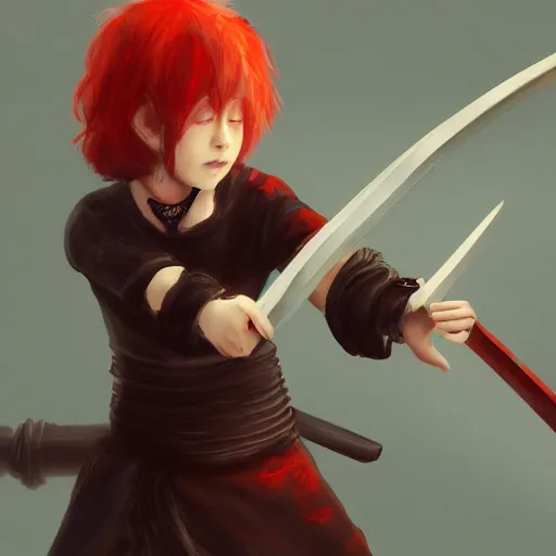 Prompt: a concept art of a boy and a girl with red hair holding a katana, gothic clothes, action shot, highly detailed, digital painting, artstation, concept art, smooth, sharp focus, illustration