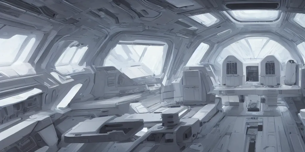 Prompt: super clean white interior of a spaceship, greg rutkowski, 8 k, shallow depth of field, intricate detail, concept art,