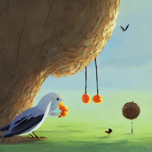 Prompt: A tree with a large bird's nest, on the lawn there are fruits and the birds try to bring food to their nest. ilustration art by Goro Fujita