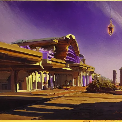 Prompt: painting of syd mead artlilery scifi organic shaped motel with ornate metal work, roman architecture, volumetric lights, purple sun, andreas achenbach