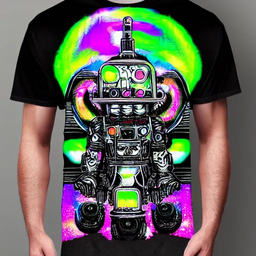 Prompt: photoshop mockup of a black tshirt with a hyperdetailed portrait of a spaced out diesel punk robot, 8 k, symetrical, flourescent colors, multicolored,