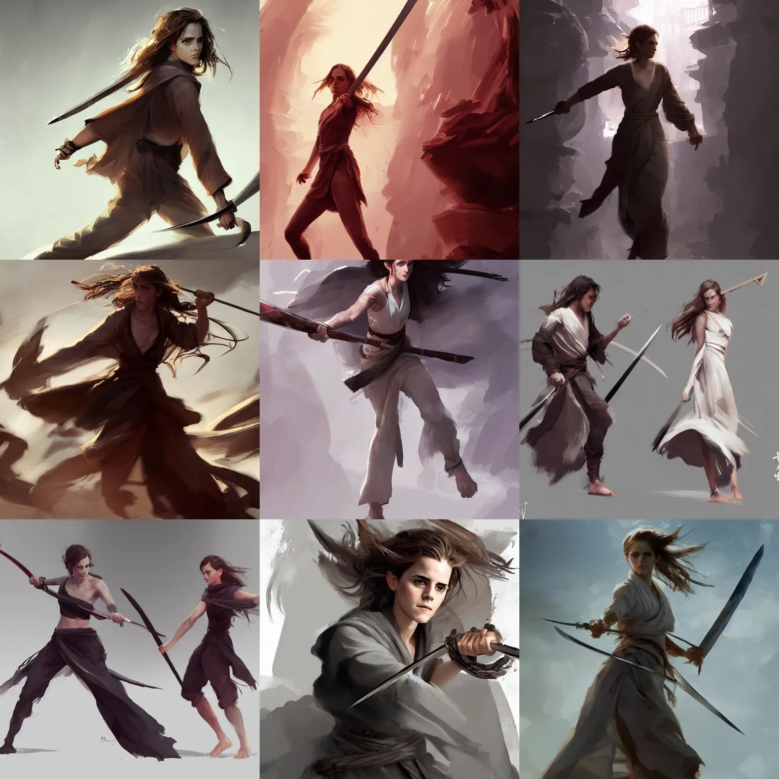 Prompt: emma watson action motion poses nandao sword taolu sketch greg rutkowski foreshortening 3 6 0 degree flowing robes