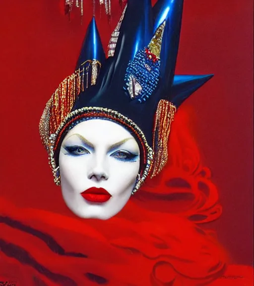 Prompt: an 8 0 s portrait of a woman with dark blue eye shadow and red lips with dark slicked back hair, a mask of beads and jewels hanging from a crown by serge lutens, rolf armstrong, delphin enjolras, peter elson, background of classic red cloth