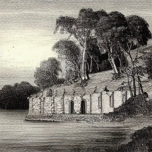 Image similar to the house by the lake, illustration by Gustav Doré