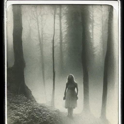 Image similar to an ancient evil-girl on a mysterious fractal forest, mist, 1910 polaroid photography, Black and white