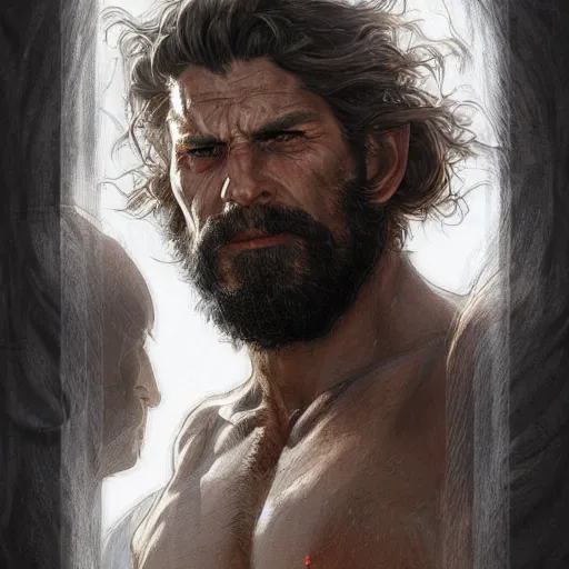 Image similar to portrait of a rugged male barbarian, D&D, fantasy, intricate, elegant, highly detailed, digital painting, artstation, concept art, smooth, sharp focus, illustration, art by artgerm and greg rutkowski and alphonse mucha