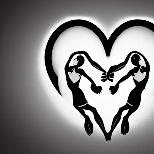 Image similar to clean black and white print, logo of a symmetric heart with a stylized symmetric gymnast human body form inside