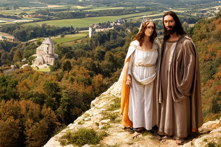 Image similar to a unique close - up photo of jesus and mary magdalene standing on a cliff looking over a beautiful landscape in france, rennes - le - chateau, award winning photo, very detailed, very realistic cinematic