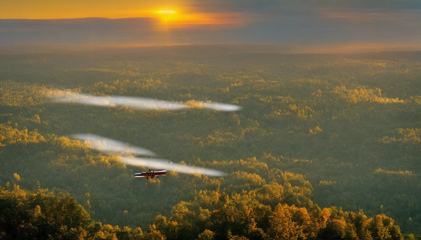 Prompt: a steam powered flying boat flies above a river valley at sunset, photograph with lighting by frederic edwin church, golden hour, nature, 2 4 mm lens, fujifilm, fuji velvia, flickr, 5 0 0 px, award winning photograph, highly detailed, beautiful capture, rule of thirds, crepuscular rays, steam punk