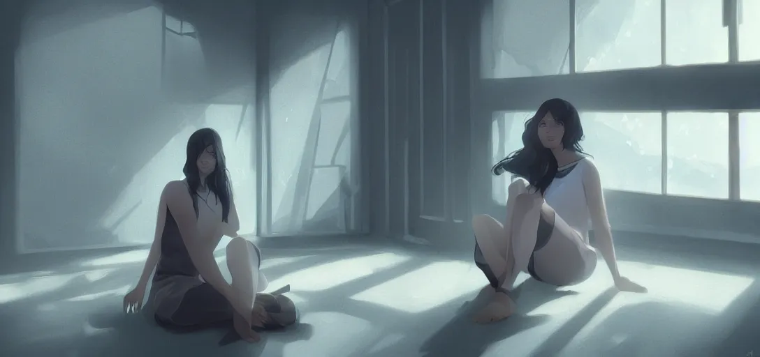 Image similar to Young Himalayan woman sitting concerned in an empty room, night time scene, somber white eyes, long ashy hair, gentle lighting, futuristic, dim lighting, digital art by Makoto Shinkai ilya kuvshinov and Wojtek Fus, digital art, concept art,