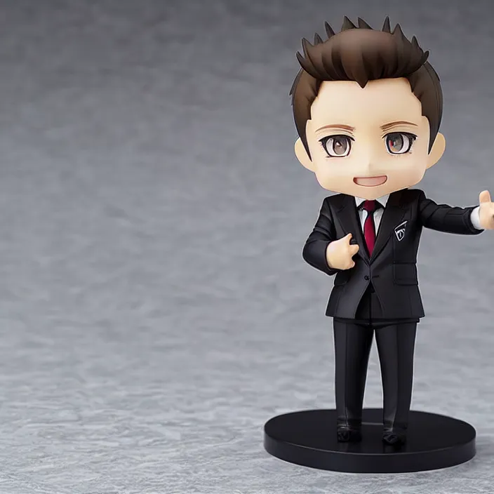 Image similar to a anime nendoroid of elon musk wear giorgio armani suits and black shoe, car tesla 3, figurine, smile, product photo, detailed