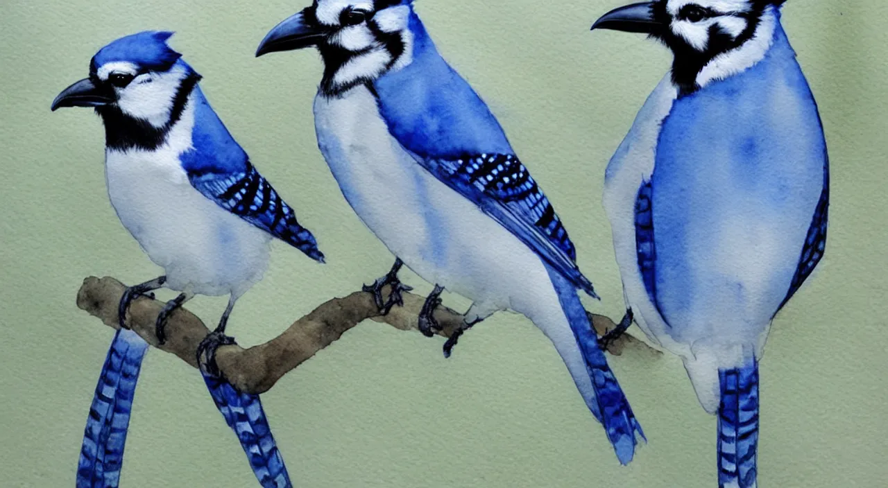 Prompt: watercolor painting of a bluejay + raven, beautiful,