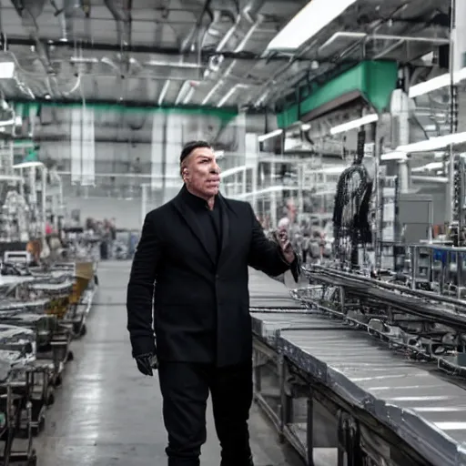 Image similar to till lindemann inspecting a factory which produces clones of putin