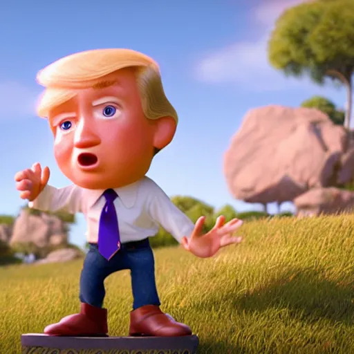 Image similar to a wholesome animation key shot of chibi donald trump, pixar and disney animation, sharp, very detailed, high resolution, rendered in unreal engine 5, key art by greg rutkowski, bloom, dramatic lighting