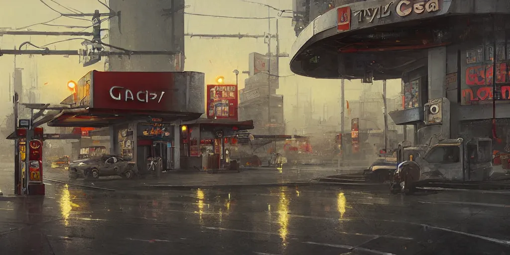 Prompt: a highly detailed epic cinematic concept art CG render digital painting artwork: Tokyo gas station, fog. By Greg Rutkowski, in the style of Francis Bacon and Syd Mead and Norman Rockwell and Beksinski, open ceiling, highly detailed, painted by Francis Bacon and Edward Hopper, painted by James Gilleard, surrealism, airbrush, Ilya Kuvshinov, WLOP, Stanley Artgerm, very coherent, triadic color scheme, art by Takato Yamamoto and James Jean