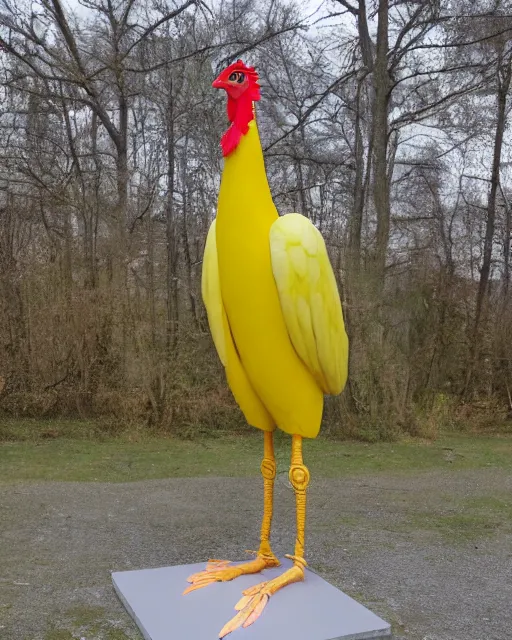 Prompt: maquette sculpture of a 7 foot tall giant chicken like prehistoric bird with iridescent feathers and wearing a yellow raincoat and gas mask. hyperreal