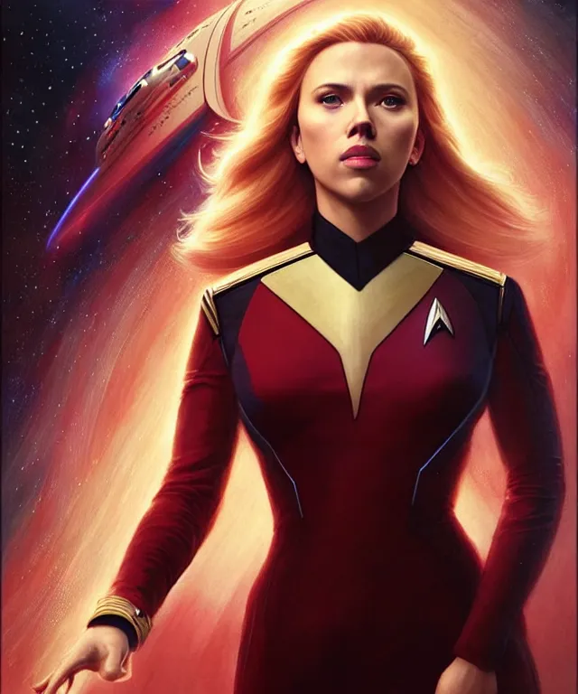 Image similar to Scarlett Johansson is the captain of the starship Enterprise in the new Star Trek movie, art nouveau,elegant, highly detailed, sharp focus, art by Artgerm and Greg Rutkowski