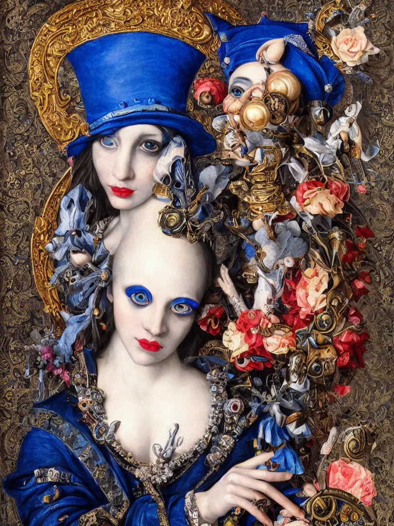 Image similar to Detailed maximalist stunning portrait of gorgeous dark elf with beautiful blue piercing eyes dressed in a jester’s hat with a monocle, HD mixed media, 3D collage, highly detailed and intricate, masterpiece, award-winning, surreal illustration in the style of Caravaggio, dark art, baroque