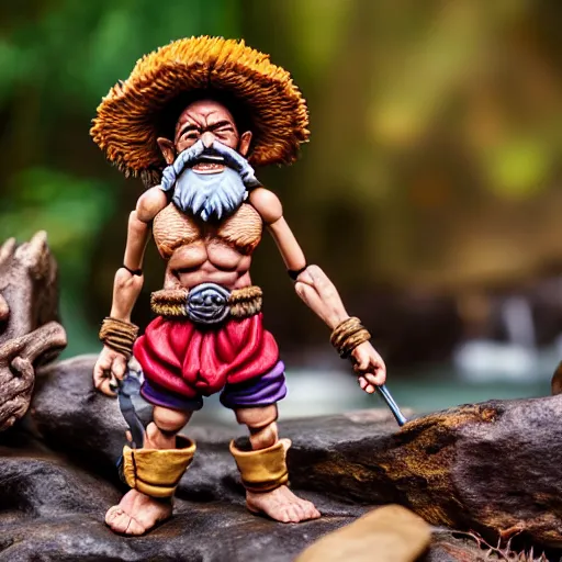 Image similar to high - res photograph of a claymation sculpture action figure warrior dwarf luffy, highly detailed sculpey diorama, forest setting, waterfall backdrop, smooth, sharp foccus, commercial product photography,