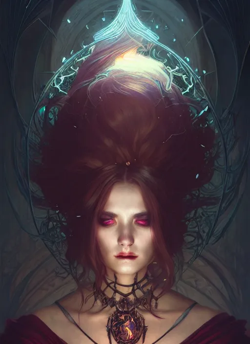 Image similar to Necromancer Sorceress, fantasy magic, undercut hairstyle, dark light night, intricate, elegant, sharp focus, illustration, highly detailed, digital painting, concept art, matte, art by WLOP and Artgerm and Greg Rutkowski and Alphonse Mucha, masterpiece