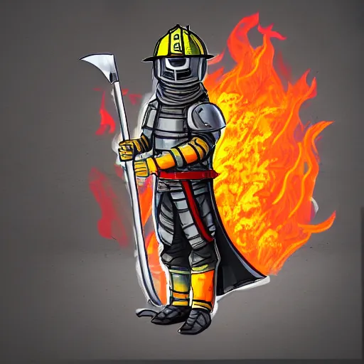 Image similar to A knight wearing a firefighter helmet and wielding a fire axe, highly detailed, digital art, sharp focus, trending on art station, flames, anime art style