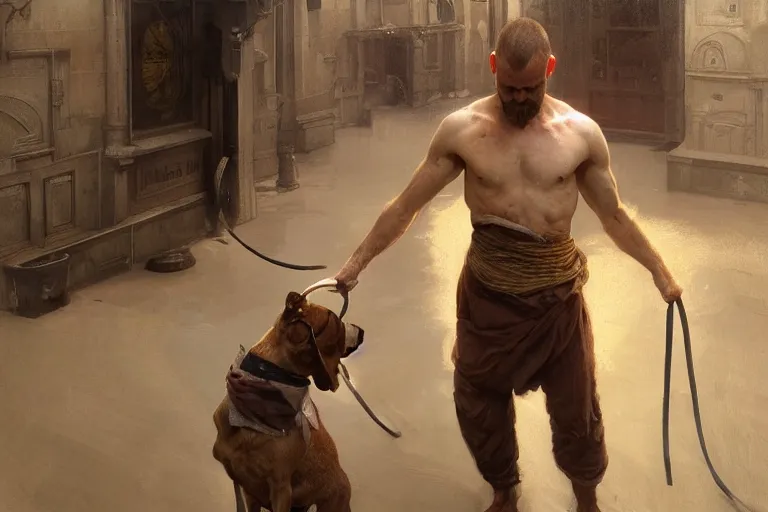 Prompt: a man tied to a pillar and jack russel terrier pissing on him, highly detailed, hyperrealistic digital painting, artstation, concept art, smooth, sharp focus, illustration, cinematic lighting, art by artgerm and greg rutkowski and alphonse mucha