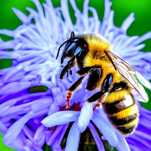 Image similar to an extreme close - up portrait of a bee on a flower, photographic filter, unreal engine 5, realistic, hyperdetailed, 8 k, cinematic, volumetric lighting, very realistic effect, hd, hdr, 4 k, sharp focus, octane render, ultra detailed, high resolution, trending on artstation in the style of albert dros glowing rich colors powerful imagery