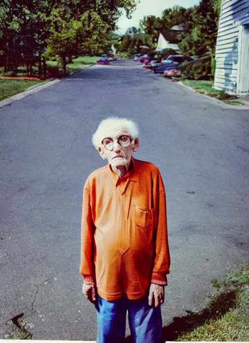 Prompt: detailed color analog medium format photo made by harmony korine, polaroid photo of old person in american suburbs, high production value, intricate details, 8 k resolution, hyperrealistic, hdr, photorealistic, high definition, tehnicolor, award - winning photography, masterpiece, amazing colors,