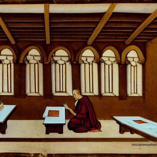 Image similar to Monks who worked on books were known as scriptores and worked in rooms called scriptoriums. The scriptorium was a long room, lit only by the light from the windows, with wooden chairs and writing tables. A monk would sit hunched over these tables, which angled upwards to hold manuscript pages, day after day to complete a work. Candles or oil lamps were not allowed in the scriptorium to maintain the safety of the manuscripts as fire was an obvious and significant threat.