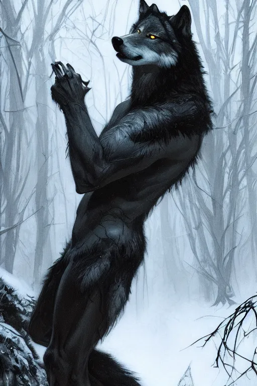 Prompt: full figure beautiful young fit antrophomorphic male wolf, bared teeth and long claws, dark scene, by greg rutkowski and alphonse mucha, d & d character, gradient black to silver, in a snow covered forest at night, highly detailed portrait, digital painting, artstation, concept art, smooth, sharp focus illustration, artstation hq