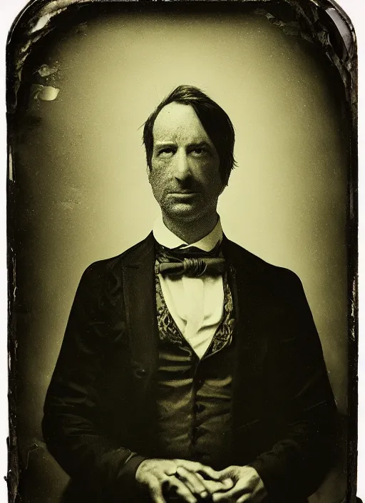 Image similar to old wetplate daguerreotype portrait of saul goodman, explosion of data fragments, fractal, intricate, elegant, highly detailed, parallax, medium format, subsurface scattering, by jheronimus bosch and greg rutkowski and louis jacques mande daguerre