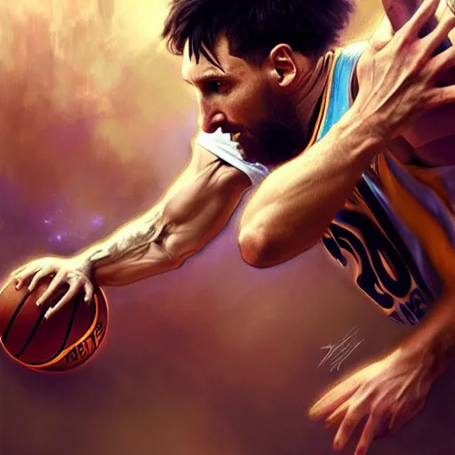 Prompt: Messi dunking a basketball, NBA, D&D style, fantasy, intricate, elegant, highly detailed, digital painting, artstation, concept art, matte, sharp focus, illustration, art by Artgerm and Greg Rutkowski and Alphonse Mucha