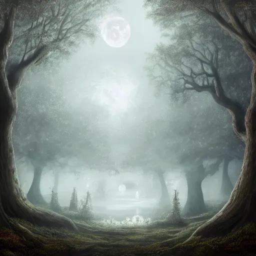 Prompt: an ultra detailed painting of a fantasy forest at night, at the side of a pond is gigantic ancient tree, sitting in the ancient tree is a girl in a white dress, the moon can be glimpsed through the trees and is veiled by fog, fog obscures the background, towering forest, midnight, dark fantasy