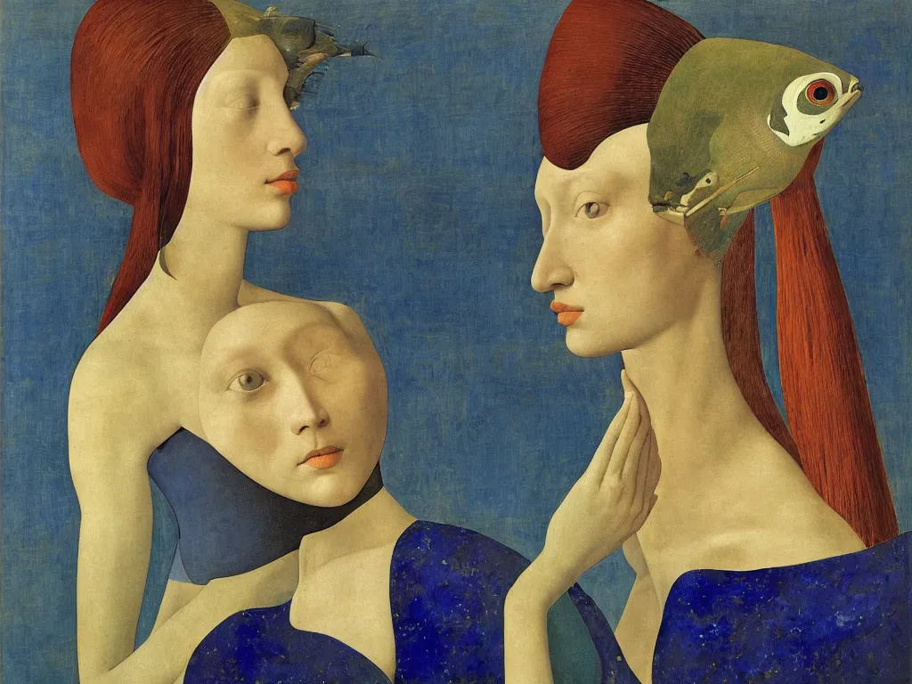 Image similar to portrait of a woman head with exotic fish. lapis lazuli. painting by piero della francesca, balthus, agnes pelton