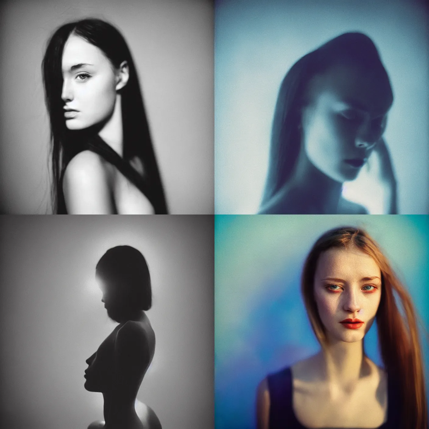 Prompt: analog head and shoulder fine art portrait photography of a woman by maxim nikolaev. blue strong bright back light. dark mood. filmic. dreamy. lens flare. mamiya 7 ii, f / 1. 2, symmetrical balance, in - frame