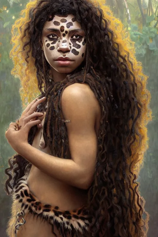 Image similar to portrait of a beautiful young aztec girl with vitiligo, covered in jaguar fur cloths, different colored eyes, curly black and brown hairs, by greg rutkowski and alphonse mucha, d & d character, gradient white to silver, highly detailed portrait, digital painting, artstation, concept art, smooth, sharp focus ilustration, artstation hq