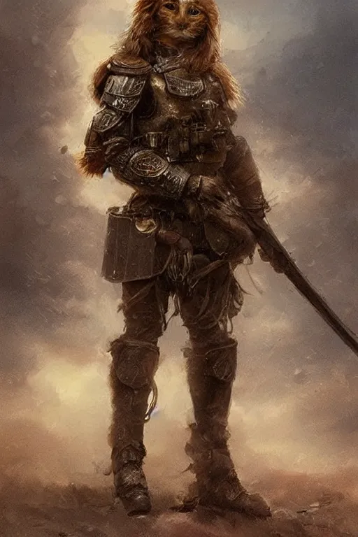 Image similar to a british longhair sodier with armor in the war, warm color, mini golden detail in the armor by alessio albi and greg rutkowski