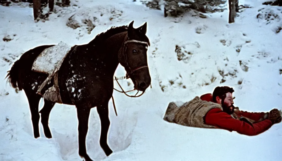 Prompt: 1 9 6 0 s movie still close up of marcus aurelius frozen to death under the snown next to his horse frozen under the snow by the side of a river with gravel, pine forests, cinestill 8 0 0 t 3 5 mm, high quality, heavy grain, high detail, texture, dramatic light, anamorphic, hyperrealistic, detailed hair, foggy