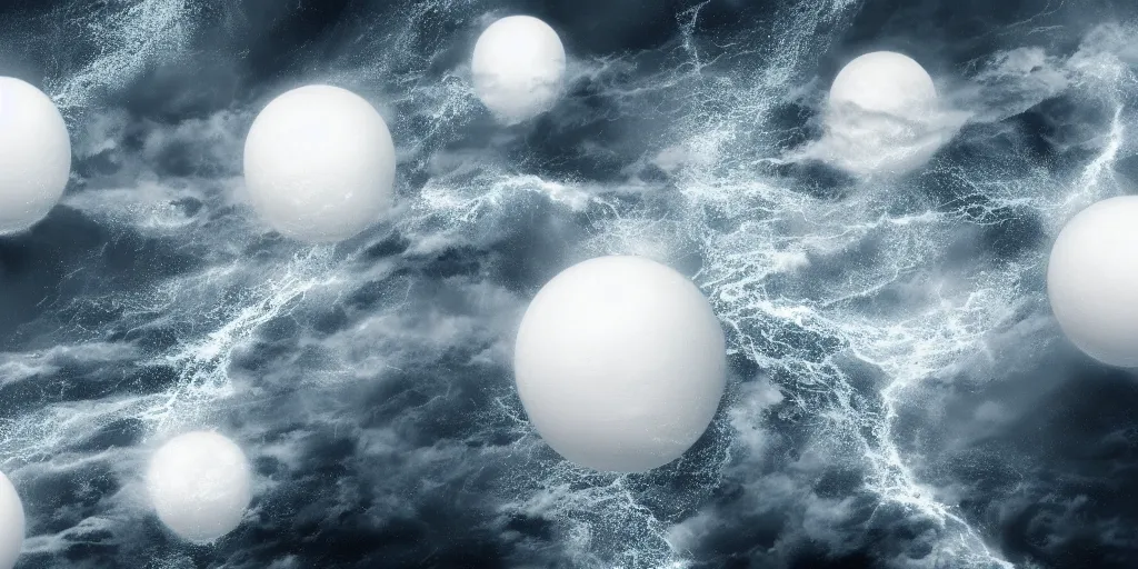 Image similar to several white perfect spheres with biological patterns hovering above a tumultuous sea, dramatic, lightning, tornado, digital art, dramatic light, 8k, artstation