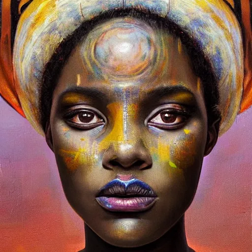Prompt: an 8k resolution oil on canvas painting of an african queens 3rd eye activating in a surreal portrait style, by greg rutkowski, highly detailed eyes