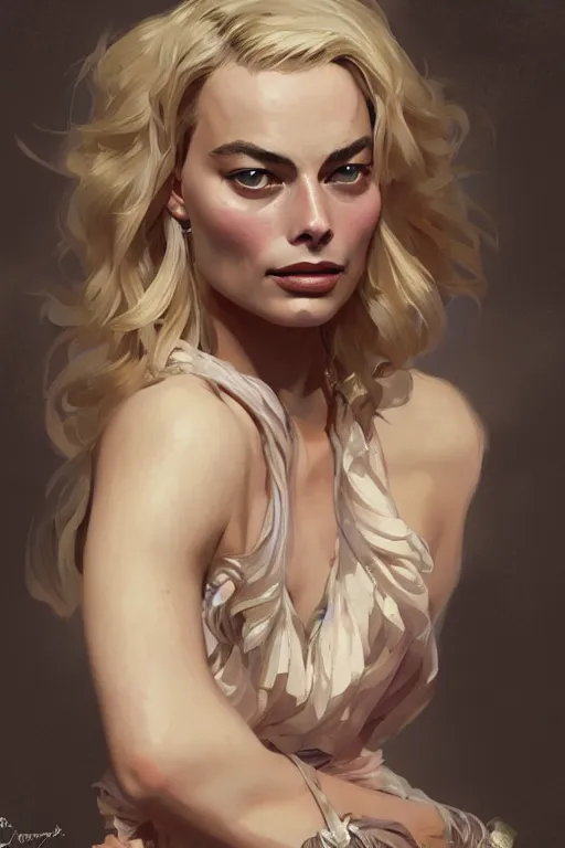 Image similar to A full portrait of Margot Robbie, intricate, elegant, highly detailed, digital painting, artstation, concept art, smooth, sharp focus, illustration, art by Krenz Cushart and Artem Demura and alphonse mucha