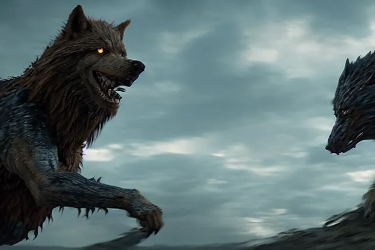 Image similar to still from a fantasy movie, a out of focus man in the foreground, facing a angry dire wolf, muted colors, action, 8 k, depth of field, cinematic, hyperrealistic, movie still frame, promotional image, imax 7 0 mm footage