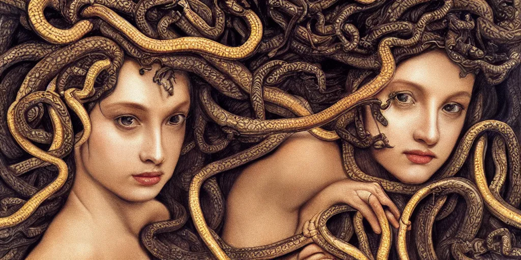 Image similar to realistic portrait of beautiful medusa with her snakes, golden, delicate, facing camera, hyper realism, 1 4 5 0, ink, ultra realistic, 8 k