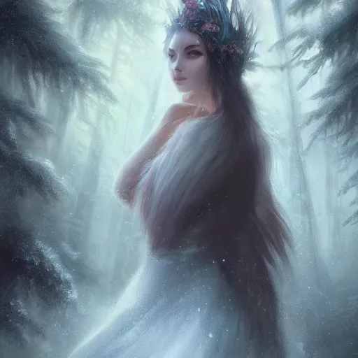 Prompt: Close up of a gorgeous druid woman in a snowy forest landscape, fantasy, Ross Tran, Charlie Bowater, Greg Rutkowski, volumetric lighting