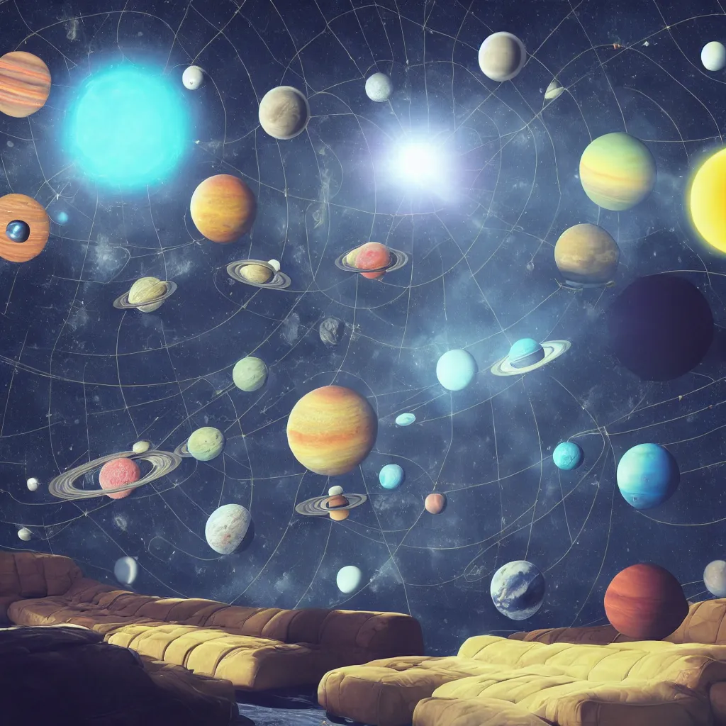 Image similar to solar system in space, couch, sofa, chesterfield, neon, 4 k, highly detailed, cgsociety, trending on artstion, matte painting, concept art, artdevian, digital art